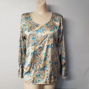 Sweet Sensations Womens Pajama Top Blue Floral Long Sleeve Scoop Satin XL